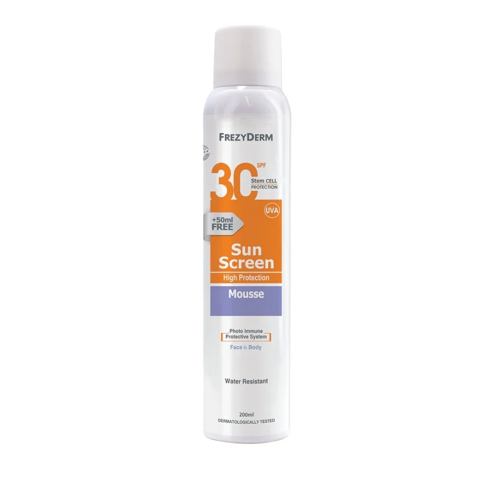 Frezyderm - Sun Screen Mousse SPF30, Αντηλιακό Προσώπου/Σώματος σε Μορφή Αφρού - 200ml