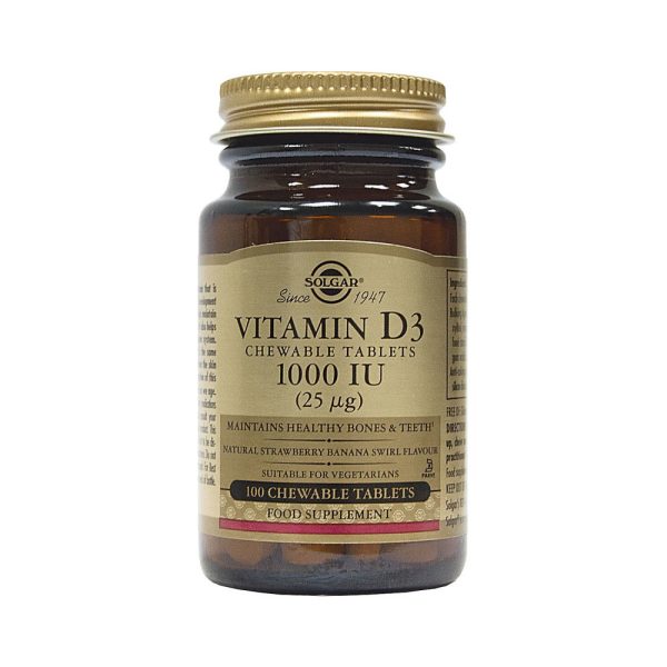 Solgar - Vitamin D3 1000IU (25μg) Μασώμενη Βιταμίνη D με Γεύση Μπανάνα - Φράουλα - 100 chew. tabs