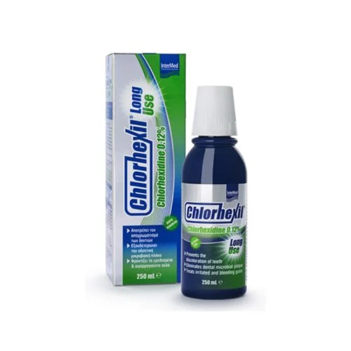 Intermed Chlorhexil 0.12% Long Use Mouthwash &Sigma;&tau;&omicron;&mu;&alpha;&tau;&iota;&kappa;ό &Delta;&iota;ά&lambda;&upsilon;&mu;&alpha; &kappa;&alpha;&tau;ά &tau;&eta;&sigmaf; &Pi;&lambda;ά&kappa;&alpha;&sigmaf; 250ml