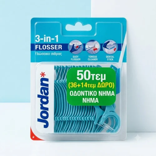 Jordan 3-in-1 flosser &omicron;&delta;&omicron;&nu;&tau;&iota;&kappa;ό &nu;ή&mu;&alpha;, 50&tau;&epsilon;&mu; (36+14&tau;&epsilon;&mu; &delta;ώ&rho;&omicron;)