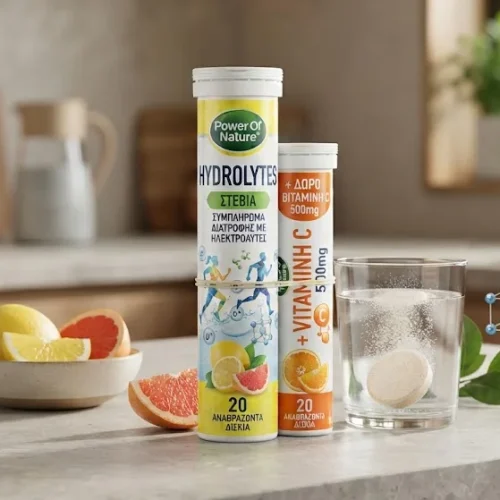 Power Of Nature Hydrolytes Stevia Συμπλήρωμα Διατροφής με Ηλεκτρολύτες 20 Αναβράζοντα Δισκία + Δώρο Βιταμίνη C 500mg 20 Αναβράζοντα Δισκία