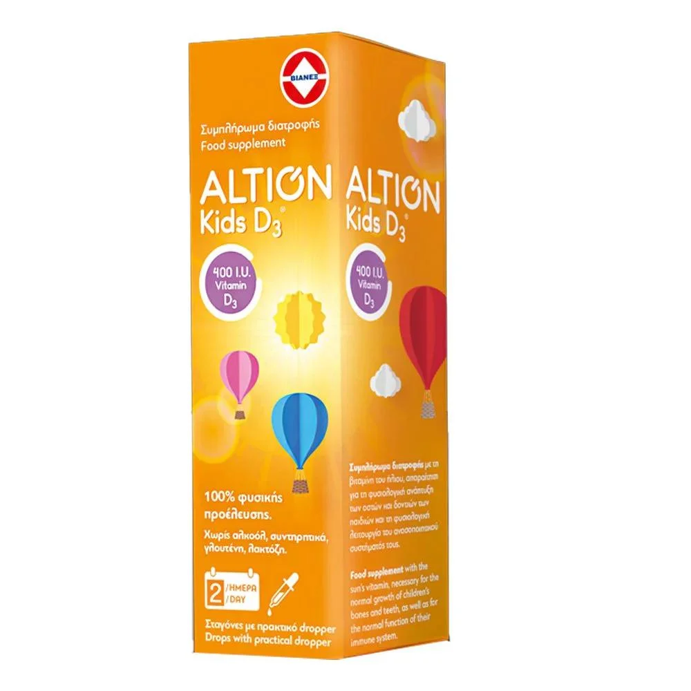 Altion Kids D3 400IU Συμπλήρωμα Διατροφής με Βιταμίνη D3 για Βρέφη & Παιδιά για Σωστή Ανάπτυξη των Οστών & των Δοντιών Φυσιολογική Λειτουργία του Ανοσοποιητικού Συστήματος 20ml