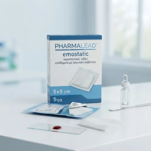 Pharmalead emostatic &alpha;&iota;&mu;&omicron;&sigma;&tau;&alpha;&tau;&iota;&kappa;έ&sigmaf; &gamma;ά&zeta;&epsilon;&sigmaf; &epsilon;&pi;&iota;&theta;έ&mu;&alpha;&tau;&alpha; &mu;&epsilon; &alpha;&lambda;&gamma;&iota;&nu;&iota;&kappa;ό &alpha;&sigma;&beta;έ&sigma;&tau;&iota;&omicron; 5&times;5, 5&tau;&mu;&chi;