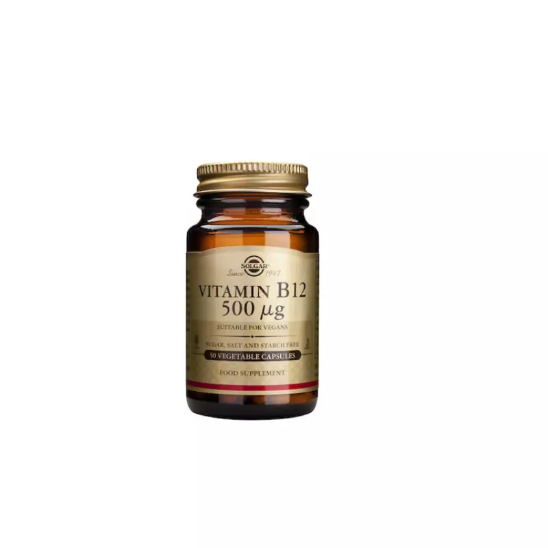 Solgar - Vit. B12 500μg - 50veg. caps Το Solgar Vitamin B12 500 µg διατίθεται σε μορφή πρακτικής φυτικής κάψουλας. Η Βιταμίνη Β12, γνωστή και ως κομπαλαμίνη, είναι η μοναδική βιταμίνη που περιέχει κοβάλτιο, ένα ιχνοστοιχείο απαραίτητο για τη δημιουργία ερυθρών αιμοσφαιρίων. Οφέλη