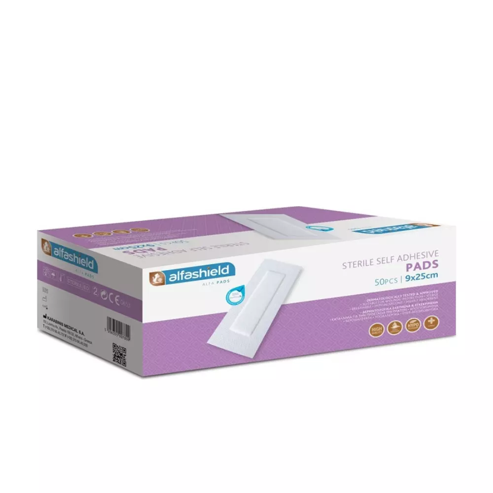Karabinis Medical Αποστειρωμένα Αυτοκόλλητα Επιθέματα Alfashield 25x9cm 50τμχ