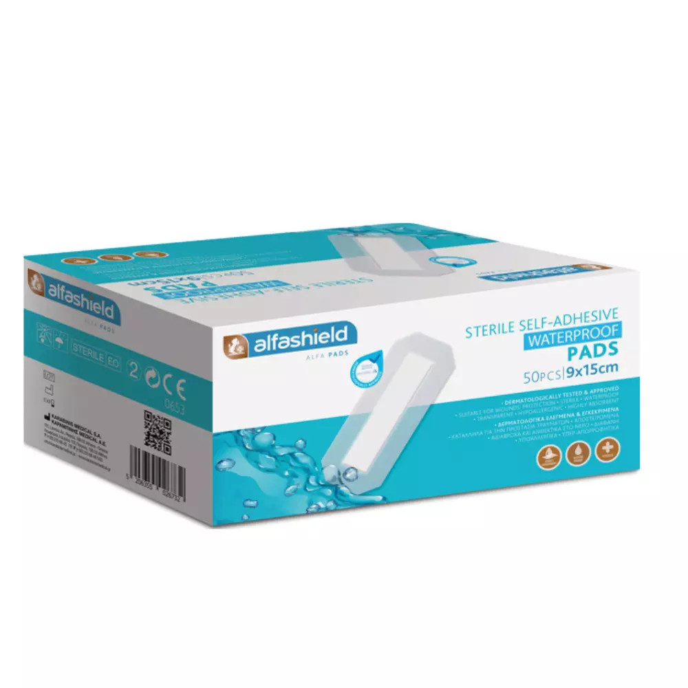 Karabinis Medical Aδιάβροχα και Αποστειρωμένα Αυτοκόλλητα Επιθέματα Alfashield 15x9cm 50τμχ