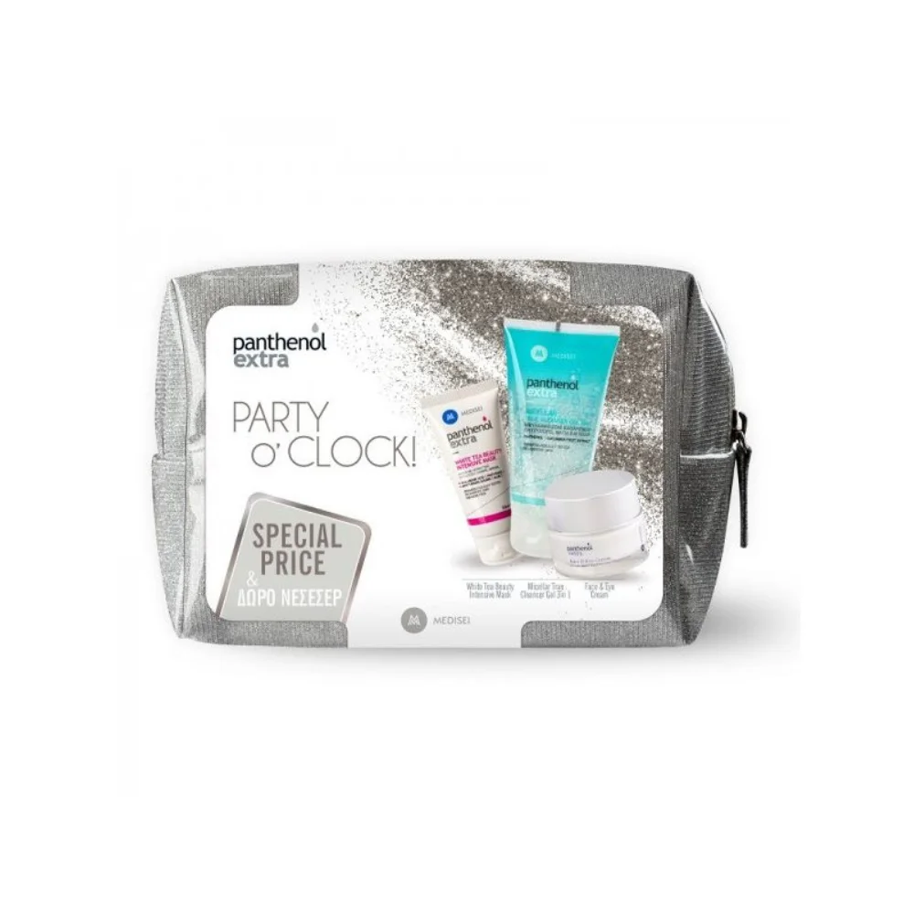 Panthenol Party O'Clock Silver Σετ με Μικυλλιακό Τζελ Καθαρισμού 150ml, Κρέμα Προσώπου-ματιών 50ml, Μάσκα Με Λευκό Τσάι 50ml & Δώρο Νεσεσέρ