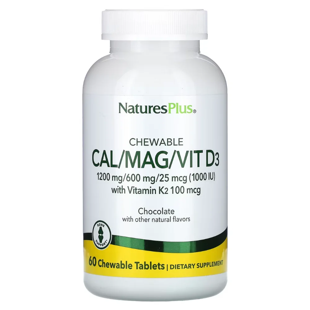 Nature's Plus Μασώεμενες Ταμπλέτες με Γεύση Βανίλια Cal/Mag/Vit D3 1200 mg/600 mg/1000 IU & 100 mcg Vit K2 60tabs