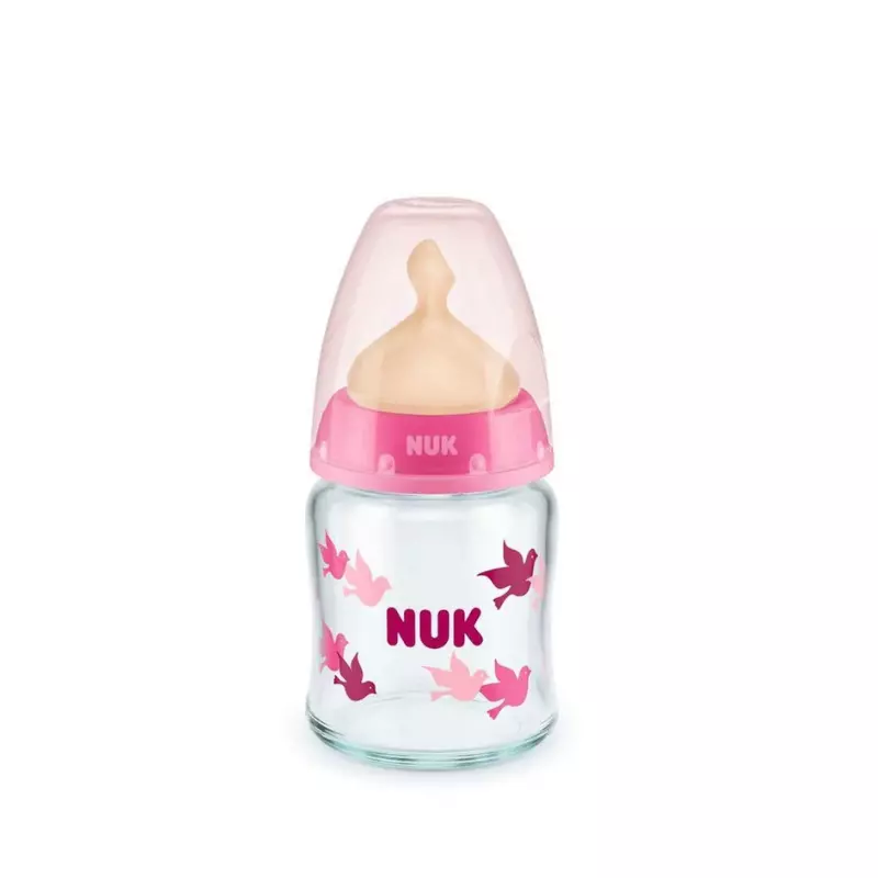 Nuk First Choice Plus Γυάλινο Μπιμπερό με Θηλή Latex & Δείκτη Ελέγχου Θερμοκρασίας 0-6m Ροζ, 120ml