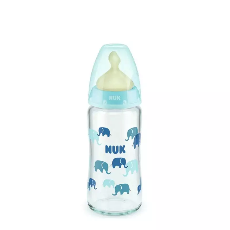 Nuk Γυάλινο Μπιμπερό First Choice Plus Temperature Control κατά των Κολικών με Θηλή Καουτσούκ 0-6m Μπλε, 240ml