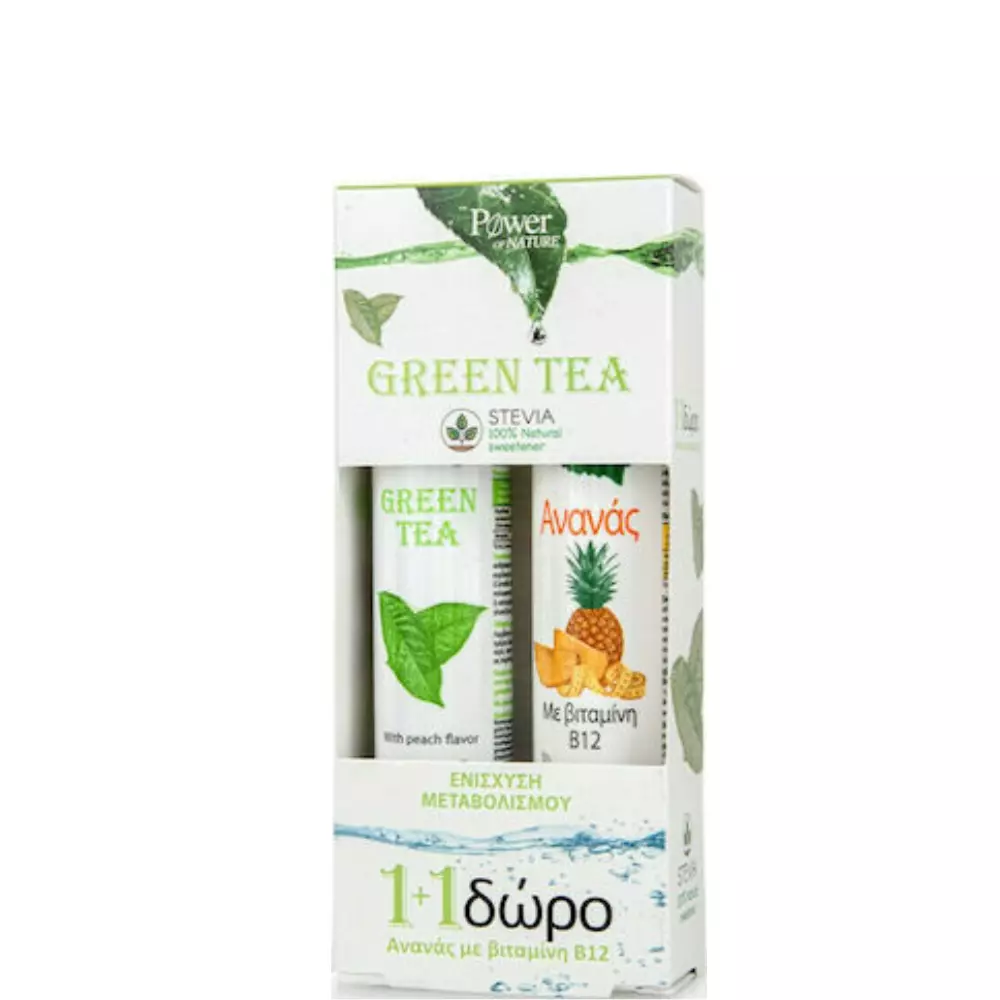Power Of Nature Green Tea με Στέβια 20 αναβράζοντα δισκία & Ανανάς με Βιταμίνη Β12 20 αναβράζοντα δισκία