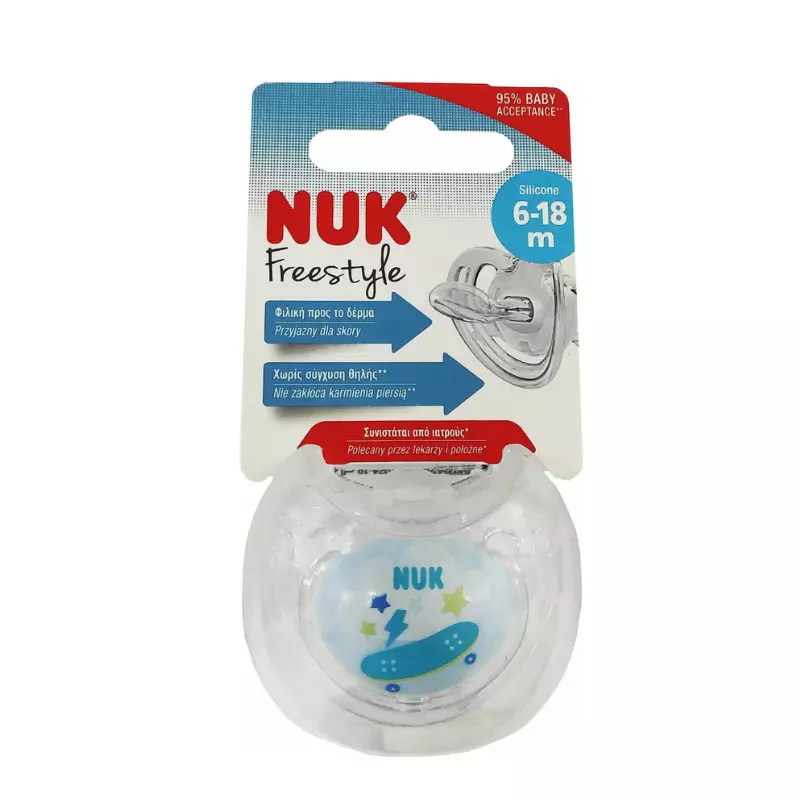 Nuk Ορθοδοντική Πιπίλα Σιλικόνης για 6-18 μηνών Freestyle με Θήκη Skateboard Διάφανη 1 τεμάχιο