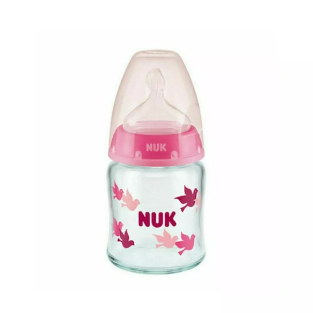 Nuk Γυάλινο Μπιμπερό First Choice Plus Temperature Control Κατά των Κολικών με Θηλή Σιλικόνης 120ml για 0-6 μηνών Ροζ Πουλάκια