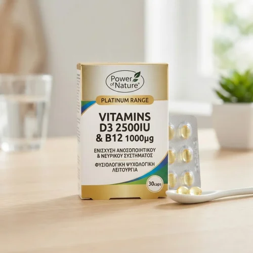 Power of Nature Platinum Range Vitamins D3 2500IU & B12 1000μg, 30caps