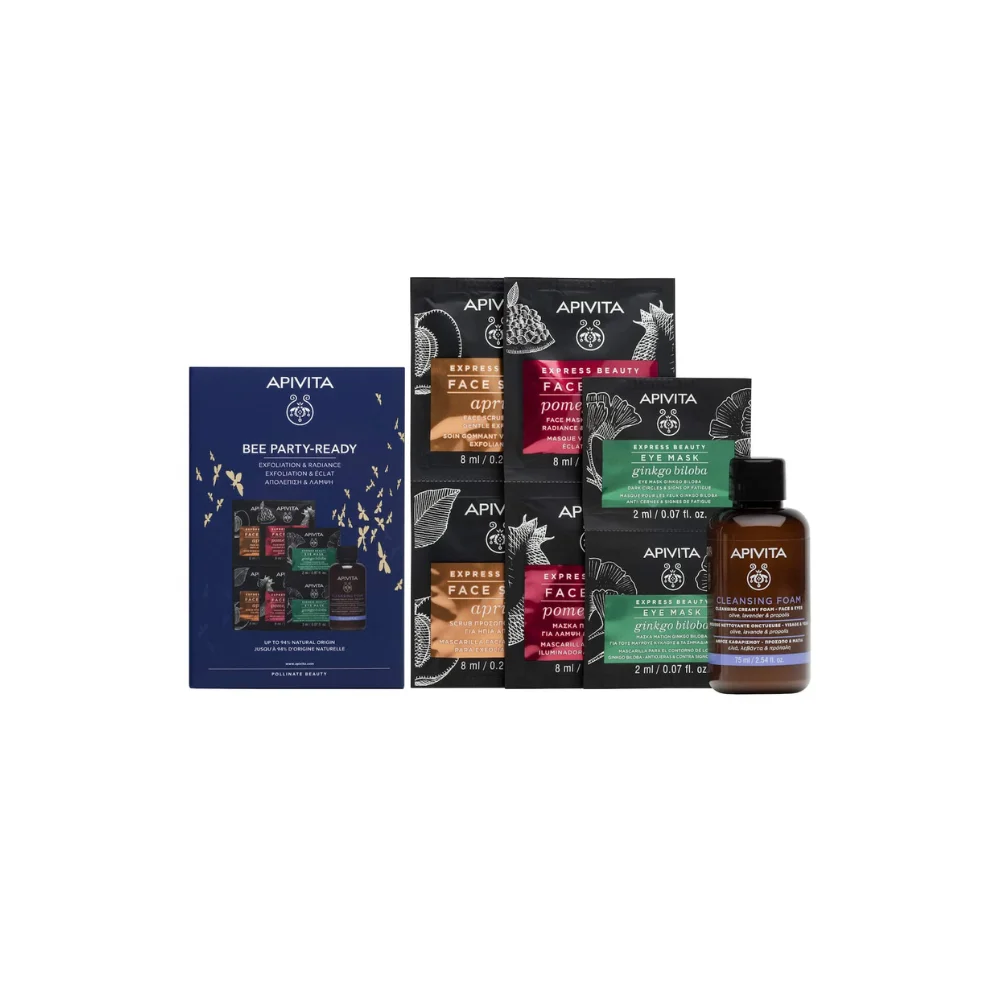 Apivita Bee Party Ready Express Masks Ρόδι 2x8ml, Ginko Biloba 2x8ml, Scrub Βερύκοκο 2x8ml & Mini Αφρός Καθαρισμού Για Πρόσωπο & Μάτια 75ml.