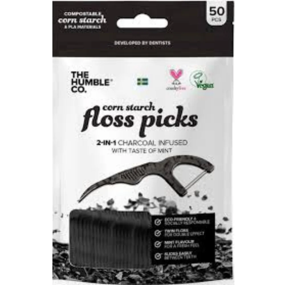 The Humble Co. Dental Floss Charcoal Picks - Μεσοδόντιο Διπλό Νήμα Καθαρισμού Με Ενεργό Άνθρακα 50τμχ.