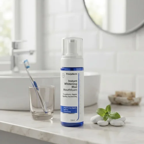 Frezyderm Instant Whitening Blue Mouthfoam &Sigma;&tau;&omicron;&mu;&alpha;&tau;&iota;&kappa;ό&sigmaf; &Alpha;&phi;&rho;ό&sigmaf; Ά&mu;&epsilon;&sigma;&eta;&sigmaf; &Lambda;&epsilon;ύ&kappa;&alpha;&nu;&sigma;&eta;&sigmaf;, 150ml
